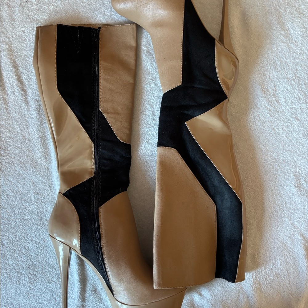 bebe Tan and Black Heeled Boots